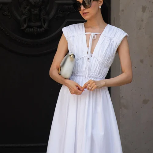 Chic-White-Pleated-Lace-Up-High-Waist-Midi-Dress-For-Women-Casual-Fashion-V-Neck-Sleeveless-1