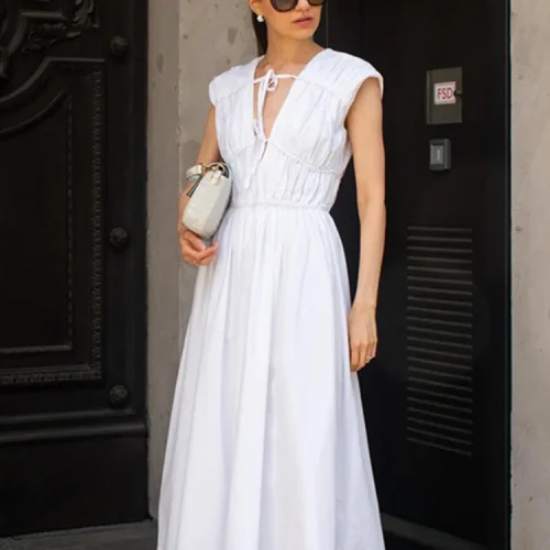 Chic-White-Pleated-Lace-Up-High-Waist-Midi-Dress-For-Women-Casual-Fashion-V-Neck-Sleeveless