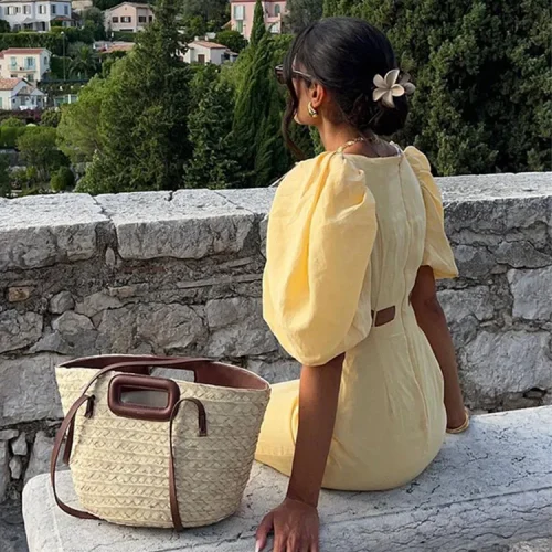 Elegant-Solid-Waist-Hollow-Out-Puff-Sleeve-Midi-Dress-Chic-Hight-Wasit-Slim-Dresses-2024-Summer-1