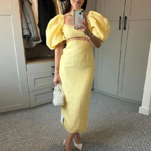 Elegant-Solid-Waist-Hollow-Out-Puff-Sleeve-Midi-Dress-Chic-Hight-Wasit-Slim-Dresses-2024-Summer