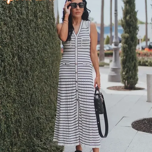 Elegant-Stripes-Knitted-Midi-Dress-For-Women-Fashion-V-neck-Sleeveless-Single-Breasted-Dresses-2024-Office