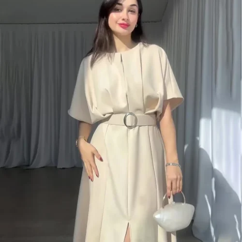 Lady-Elegant-O-Neck-High-Waist-Solid-A-line-Dresses-Fashion-Pleat-Hem-Slit-With-Belt-1