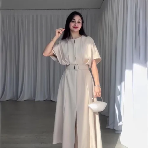 Lady-Elegant-O-Neck-High-Waist-Solid-A-line-Dresses-Fashion-Pleat-Hem-Slit-With-Belt