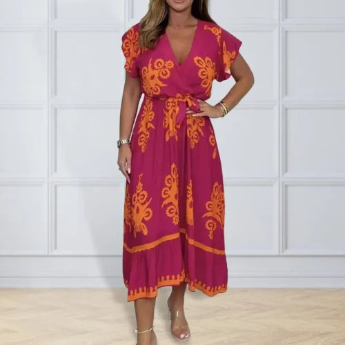 Women-Cinched-Waist-Dress-A-line-Silhouette-Dress-Elegant-V-neck-Midi-Dress-with-Ruffle-Sleeves-1