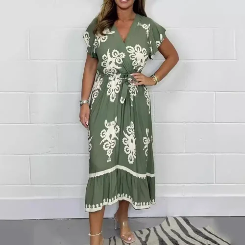 Women-Cinched-Waist-Dress-A-line-Silhouette-Dress-Elegant-V-neck-Midi-Dress-with-Ruffle-Sleeves