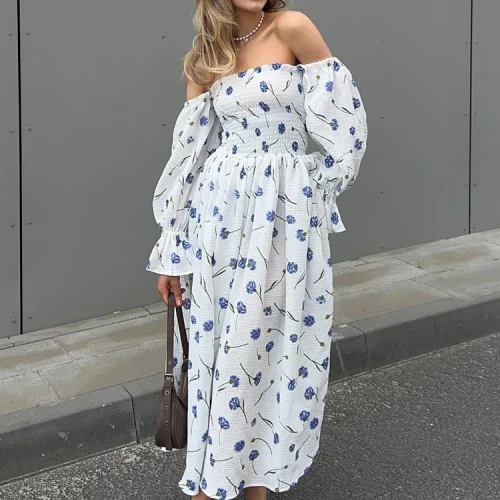 Women-s-Summer-Cotton-Dress-100-Elegant-Ruffle-Midi-Floral-Print-Dress-with-Side-Slits-Flower-1