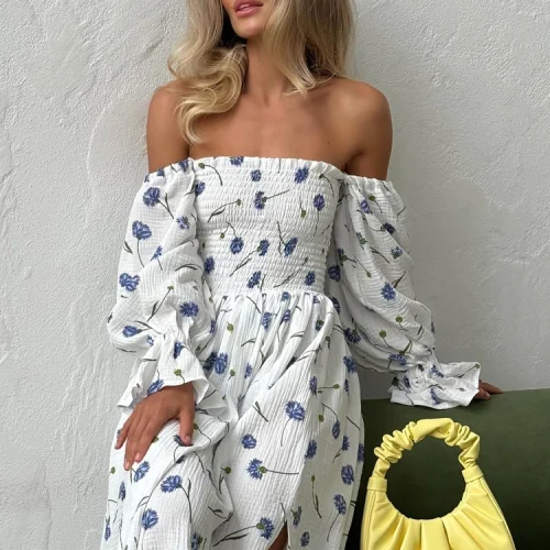 Women-s-Summer-Cotton-Dress-100-Elegant-Ruffle-Midi-Floral-Print-Dress-with-Side-Slits-Flower